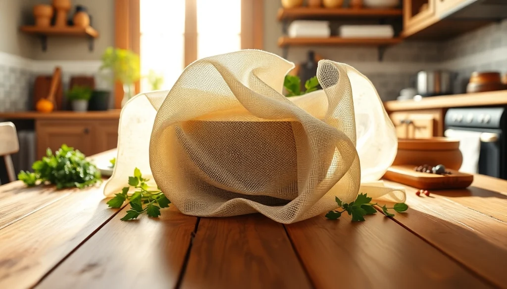Gebruik van kaasdoek voor het maken van verse kaas in een zonnige keuken.