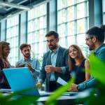 Explore innovative technology at a dynamic workplace showing collaboration and modern devices.