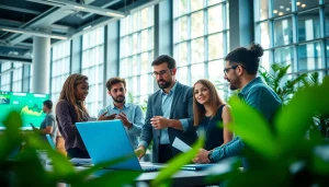 Explore innovative technology at a dynamic workplace showing collaboration and modern devices.