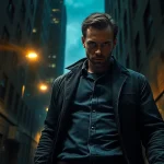 Detective navigating a dark alley, showcasing themes better than Jack Reacher.