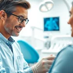 Engaging dentist examing a patient in a modern dental clinic with advanced equipment.