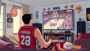 nba중계를 시청하는 농구 팬의 열정적인 모습