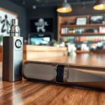Vozol Gerät auf einem eleganten Holztisch in einem modernen Vape-Shop präsentieren.