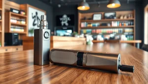 Vozol Gerät auf einem eleganten Holztisch in einem modernen Vape-Shop präsentieren.