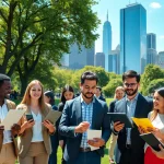Engaged professionals discussing new york jobs in a sunny NYC park, showcasing diverse interactions.