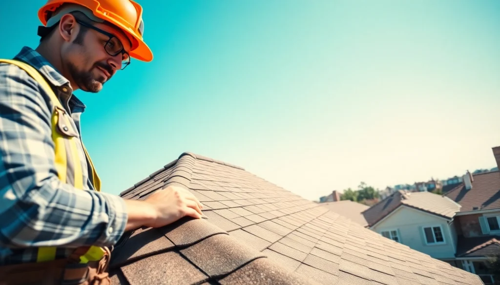Showcase of Professional roofing services featuring a contractor inspecting a residential roof with tools in hand.
