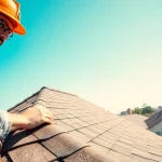 Showcase of Professional roofing services featuring a contractor inspecting a residential roof with tools in hand.