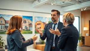 Negotiate real estate deals with a vibrant office and engaging agent.