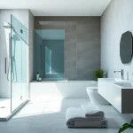 Sonni sanitär GmbH präsentiert ein modernes Badezimmer mit eleganten Duschwänden und Sanitäreinrichtungen.