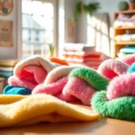 Fleece stoffen in verschillende kleuren en texturen op een tafel, perfect voor creatief gebruik.