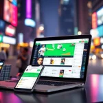 Engaging scene of online sportsbooks India emphasizing mobile and laptop betting interfaces.