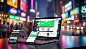 Engaging scene of online sportsbooks India emphasizing mobile and laptop betting interfaces.