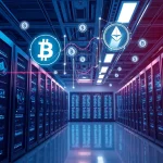 Visual representation of top cloud mining technology in a modern data center with servers and digital currency symbols.