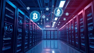 Visual representation of top cloud mining technology in a modern data center with servers and digital currency symbols.