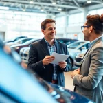 Buy a car at a dealership with a customer interacting happily with a representative.