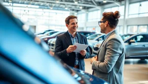 Buy a car at a dealership with a customer interacting happily with a representative.