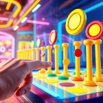 Permainan demo plinko dengan pelbagai disk yang jatuh melalui pin, menciptakan suasana yang meriah.