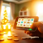 Permainan slot pulsa 5000 di smartphone dengan suasana cerah dan dekorasi yang menarik.