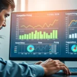Analyze competitor pricing through a professional data analysis scene featuring graphs and charts.