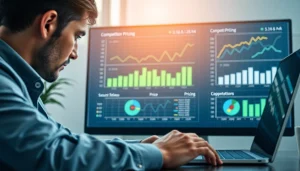 Analyze competitor pricing through a professional data analysis scene featuring graphs and charts.