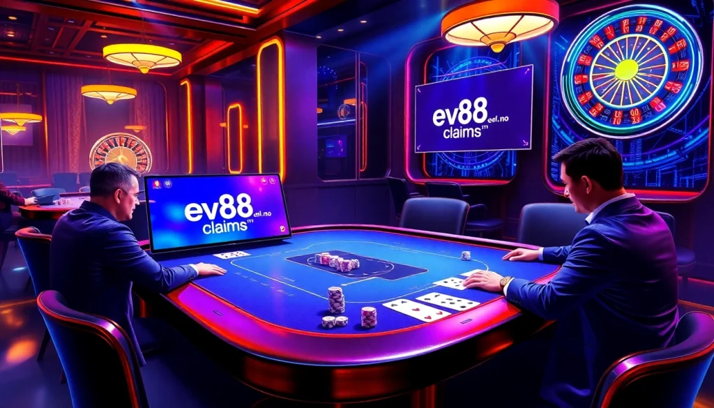 Experience high-stakes gaming at ev88.claims with luxurious poker tables and vibrant casino visuals.