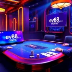 Experience high-stakes gaming at ev88.claims with luxurious poker tables and vibrant casino visuals.