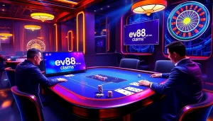 Experience high-stakes gaming at ev88.claims with luxurious poker tables and vibrant casino visuals.