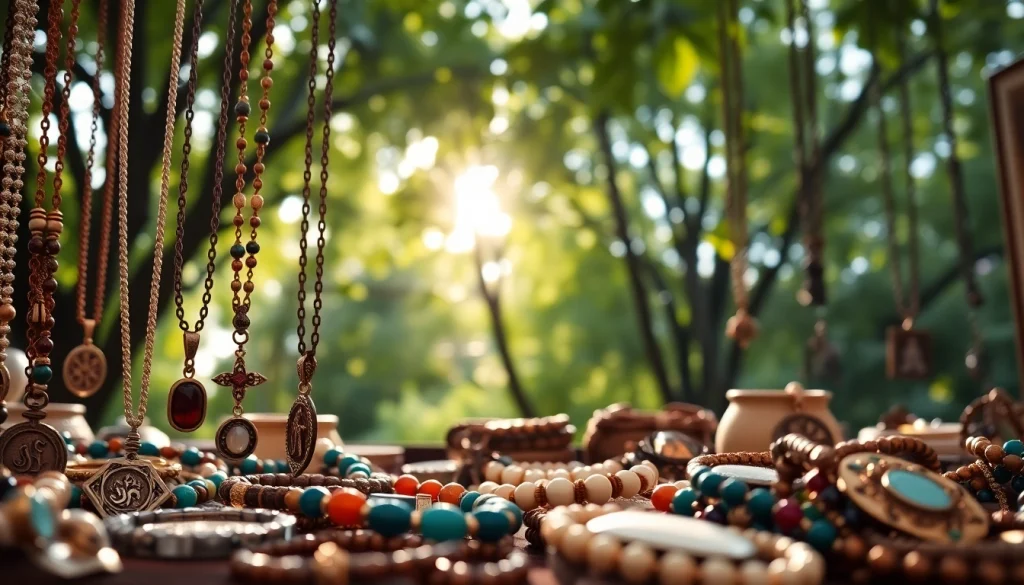 Explore unique jewelry pieces at a spiritual jewelry shop, showcasing intricate designs and vibrant gemstones.