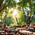 Explore unique jewelry pieces at a spiritual jewelry shop, showcasing intricate designs and vibrant gemstones.