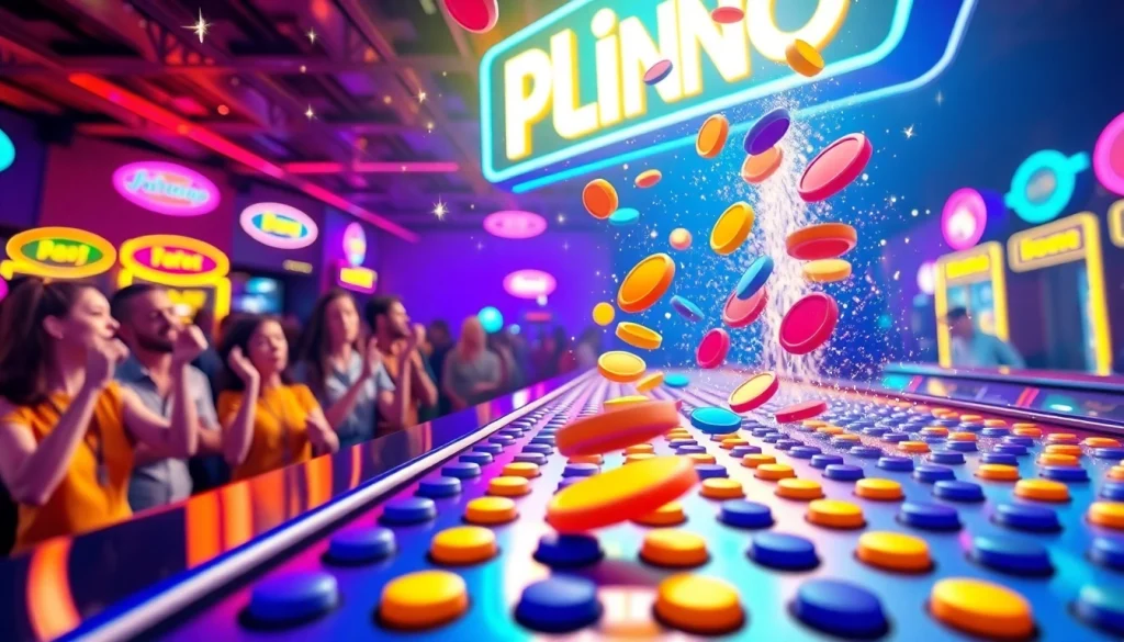 Menampilkan plinko demo dengan bola yang turun di papan, dikelilingi oleh lampu neon di arcade.