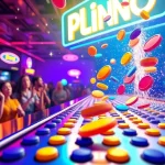 Menampilkan plinko demo dengan bola yang turun di papan, dikelilingi oleh lampu neon di arcade.