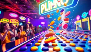 Menampilkan plinko demo dengan bola yang turun di papan, dikelilingi oleh lampu neon di arcade.