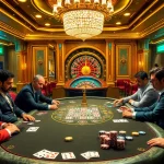 Kegembiraan para pemain di meja poker dengan chip dan kartu, menangkap nuansa kemewahan dan strategi dewanaga89.