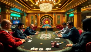 Kegembiraan para pemain di meja poker dengan chip dan kartu, menangkap nuansa kemewahan dan strategi dewanaga89.