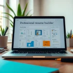 Build your career with Resume Builder showcased on a laptop amidst a productive workspace.