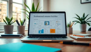 Build your career with Resume Builder showcased on a laptop amidst a productive workspace.