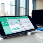 Engage with WhatsApp Business CRM on a smartphone showcasing analytics in a modern office.