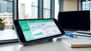 Engage with WhatsApp Business CRM on a smartphone showcasing analytics in a modern office.