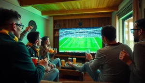 Fans celebrating live football streaming at joemadfan.com with vibrant colors and joyful atmosphere.