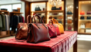 명품 이미테이션 가방을 우아하게 전시한 부티크 사진입니다.