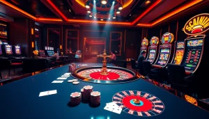 Experience sbobet link alternatif excitement at a luxurious casino table featuring poker and roulette games.