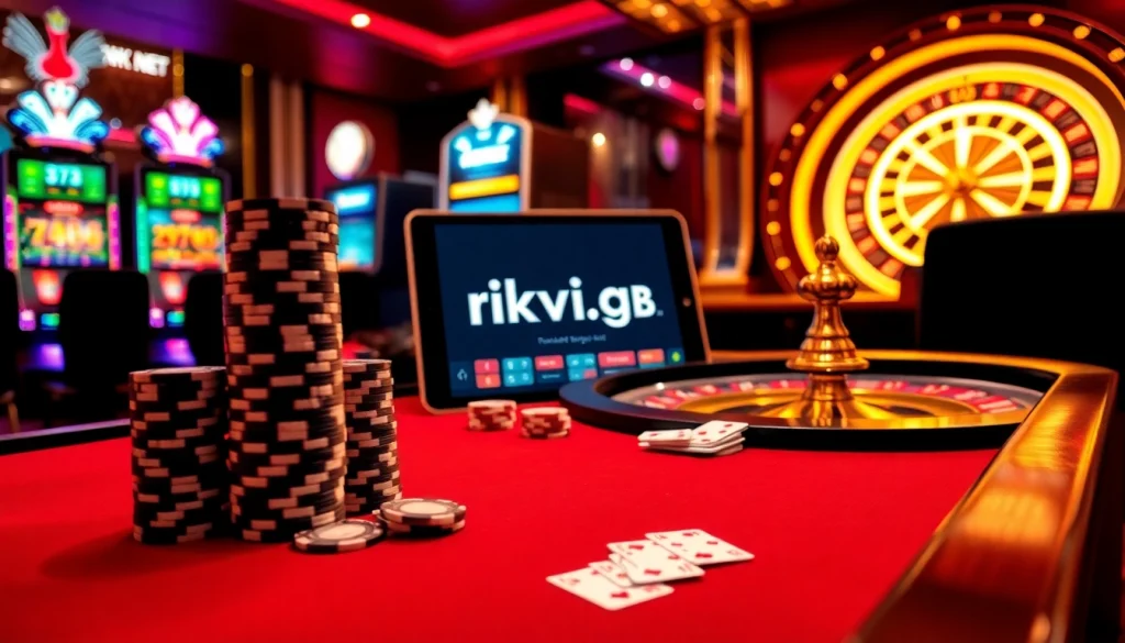 Experience the excitement of online gambling at rikvip.gb.net with vibrant casino visuals and luxurious gaming elements.
