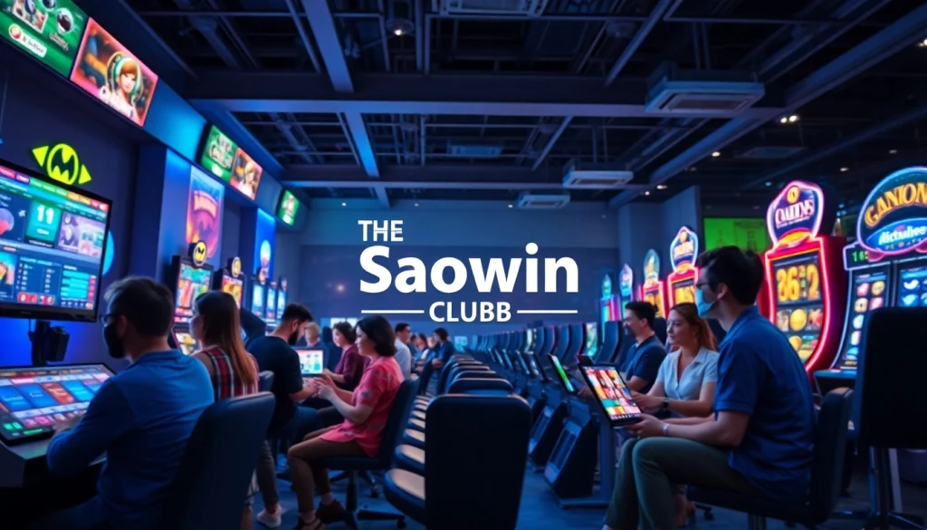 Cảnh chơi game trực tuyến đầy hứng khởi với logo Saowin Club, trình diễn đa dạng người chơi tận hưởng nhiều tùy chọn cược trong một môi trường an toàn.