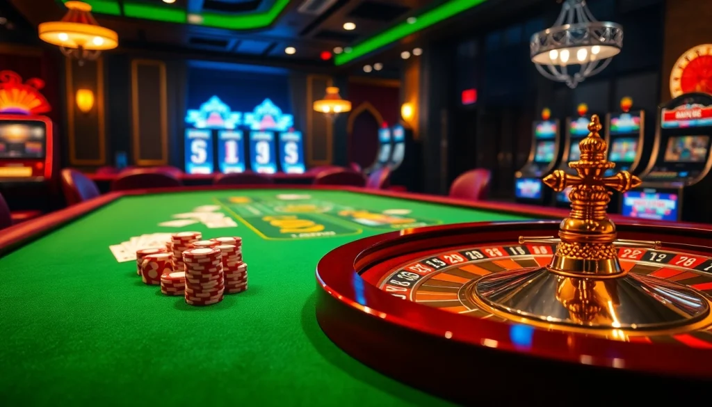 Players engaging at a vibrant casino table showcasing depo 5k excitement with colorful poker chips and cards.