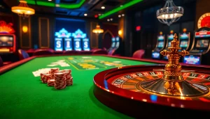 Players engaging at a vibrant casino table showcasing depo 5k excitement with colorful poker chips and cards.