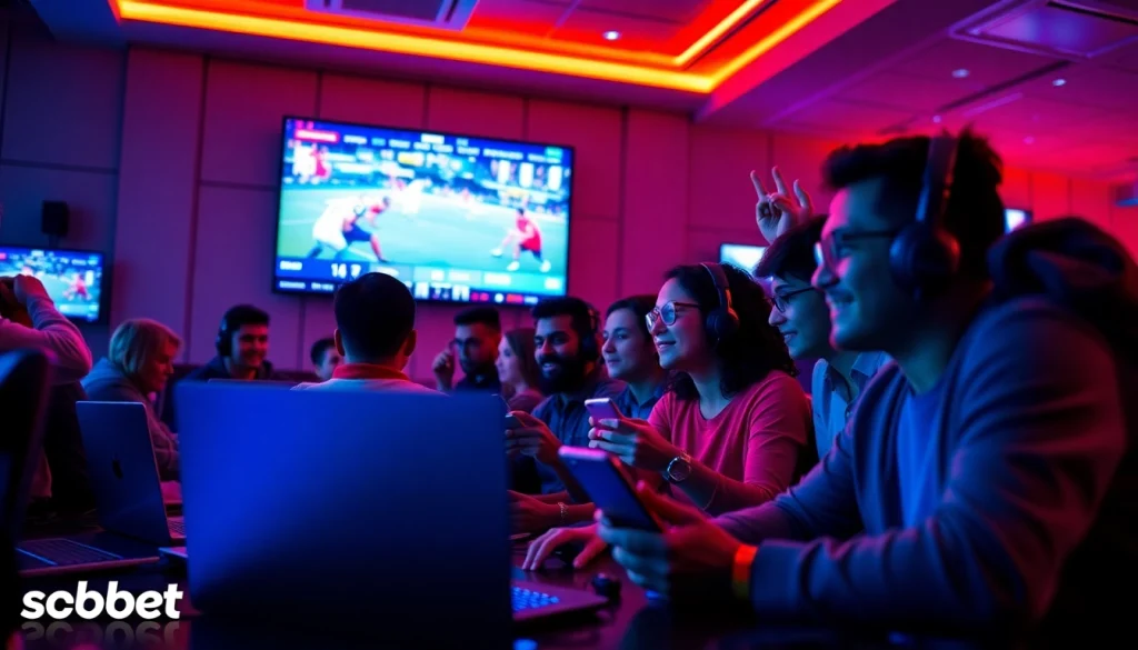 Engaging gaming scene at sbobet.dance featuring diverse players focused on live sports and betting.