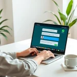 在极简风格的家庭办公笔记本上使用 WhatsApp网页版的用户，展示沟通的便捷性。