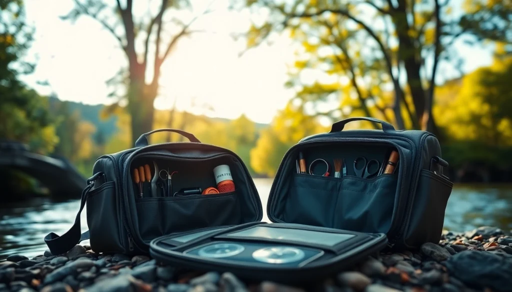 Fly fishing bag showcasing its organized compartments and gear against a scenic river backdrop.