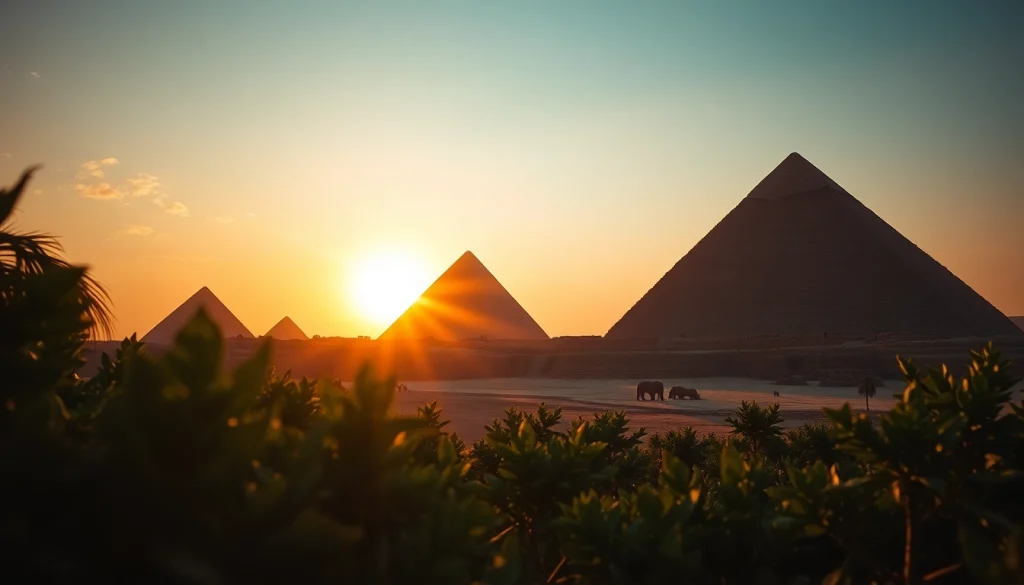 View of the Giza pyramids highlighting the ancient structures and their majestic form.