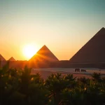 View of the Giza pyramids highlighting the ancient structures and their majestic form.